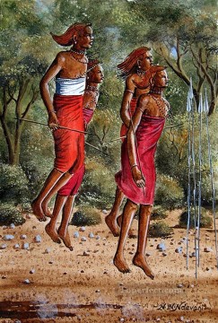 Ndeveni Maasai Morans Dancing Near the Forest from Africa Oil Paintings